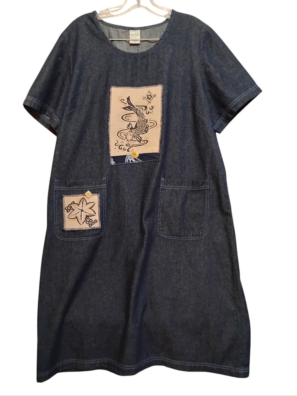 BLAIR Ladies' Dark Blue Denim Patch Pocket Midi Short Sleeves Pull-on Dress L